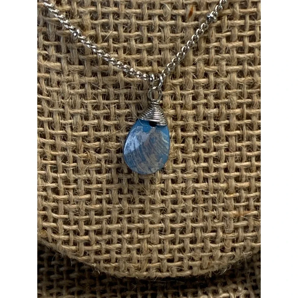 Silver Tone Double Layer Necklace Blue Teardrop Stone Metallic Fringe 20
